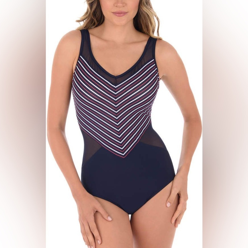 Miraclesuit Navy Blue White Pink Chevron Stripes Mesh Sz 6